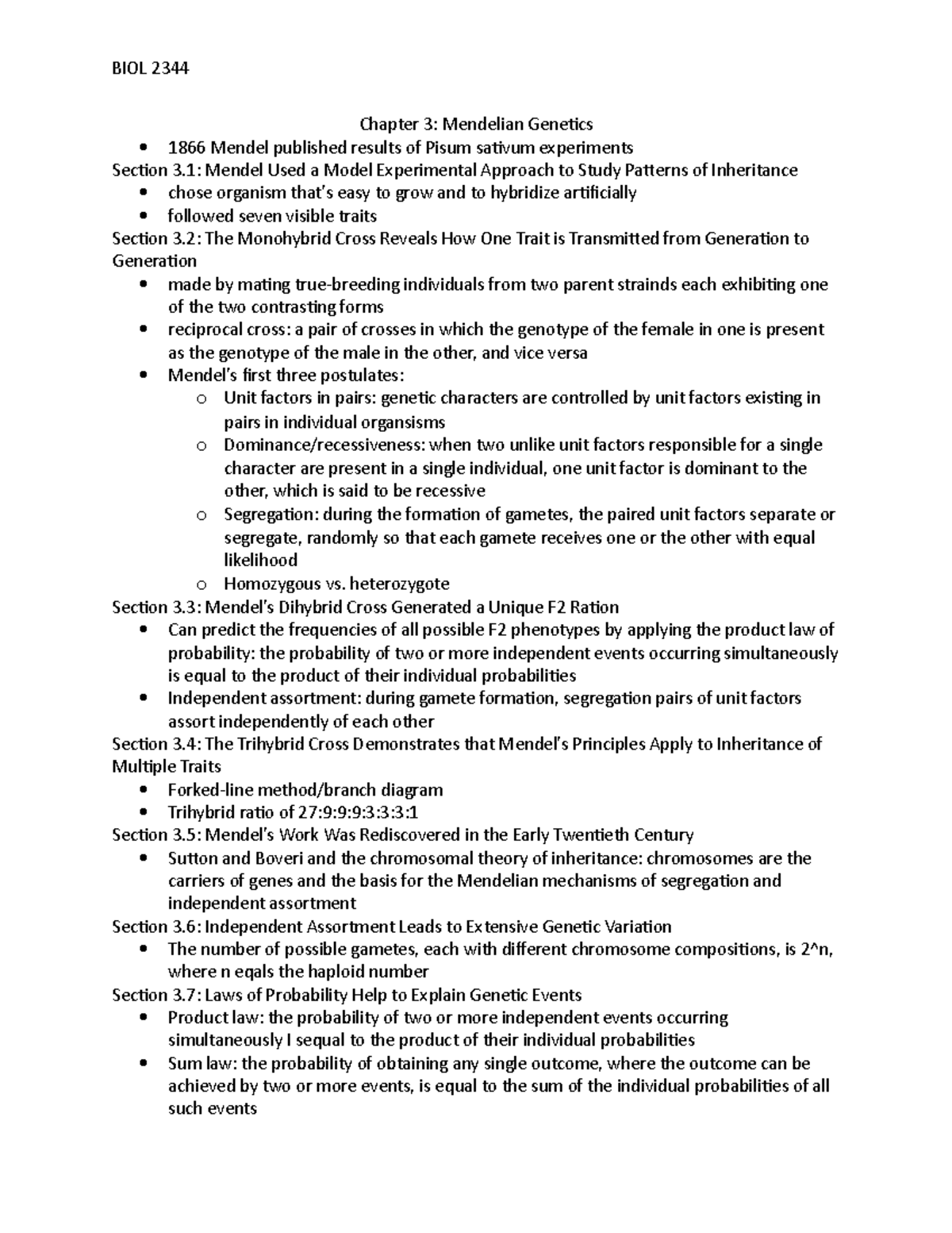 2344 Chapter 3 - Lecture notes 3 - BIOL 2344 Chapter 3: Mendelian ...