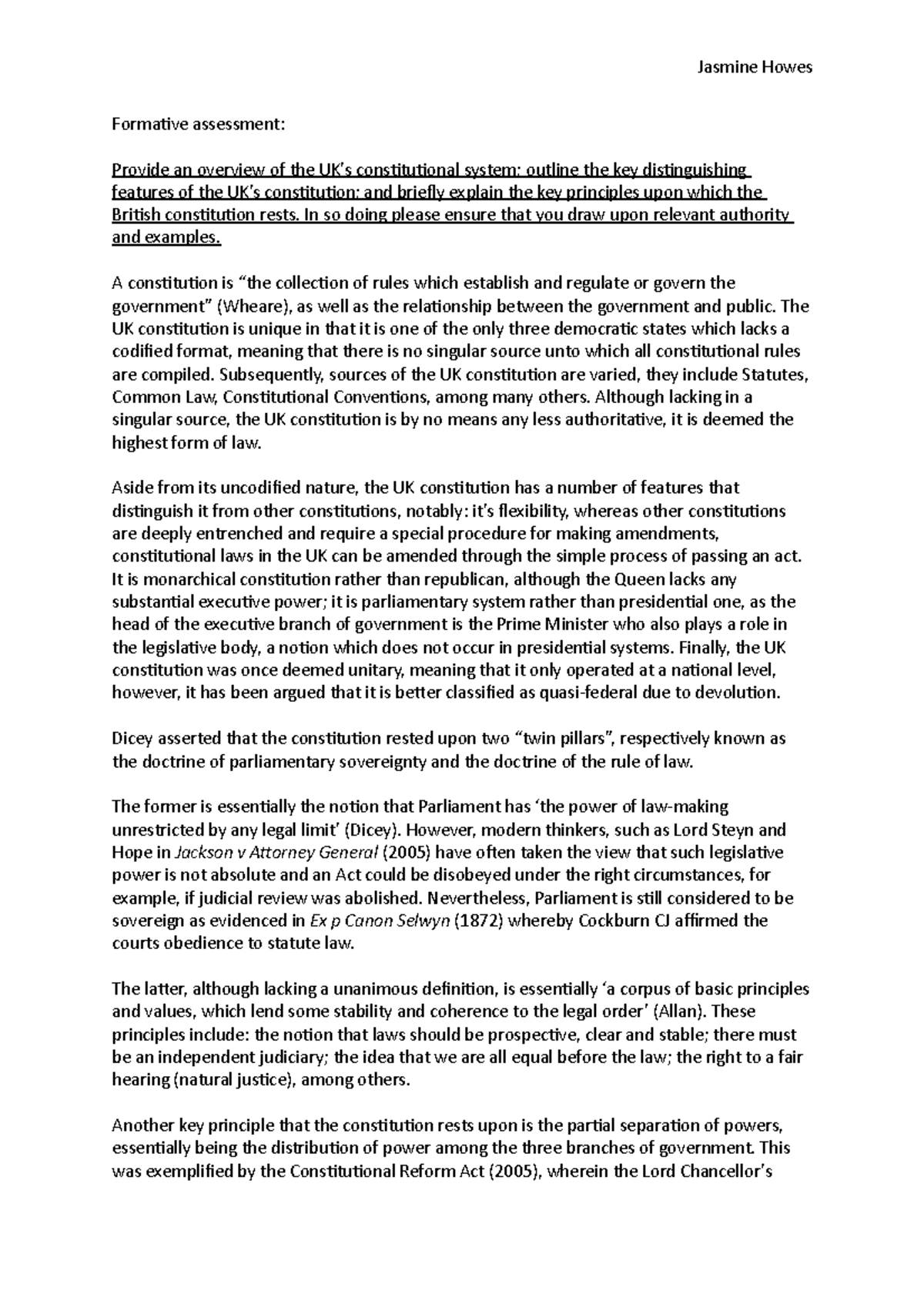 Formative assessment for Constitutional Law Jasmine Howes Formative