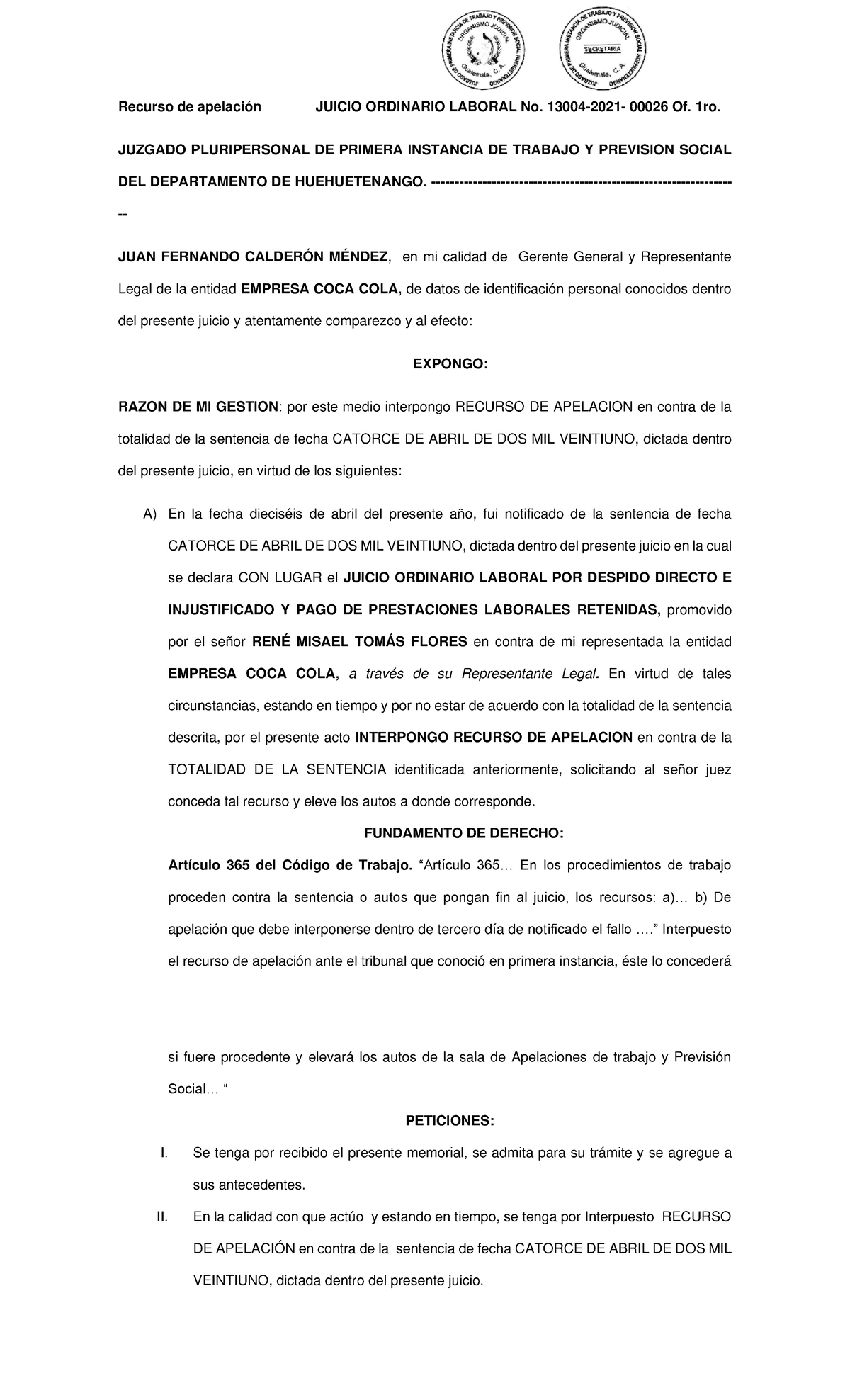 10. Recursos - Recurso de apelación JUICIO ORDINARIO LABORAL No. 13004 ...