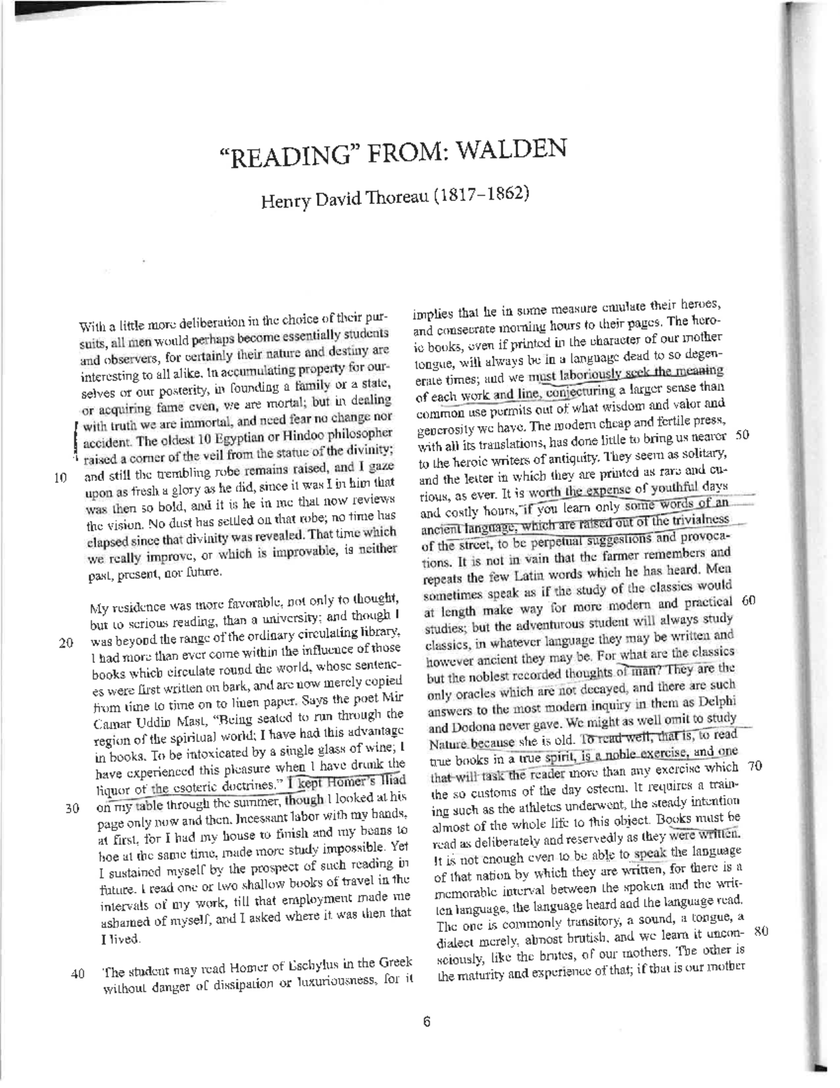 Week 1 Thoreau on Reading 10 20 30 40 “READING” FROM WALDEN Henry