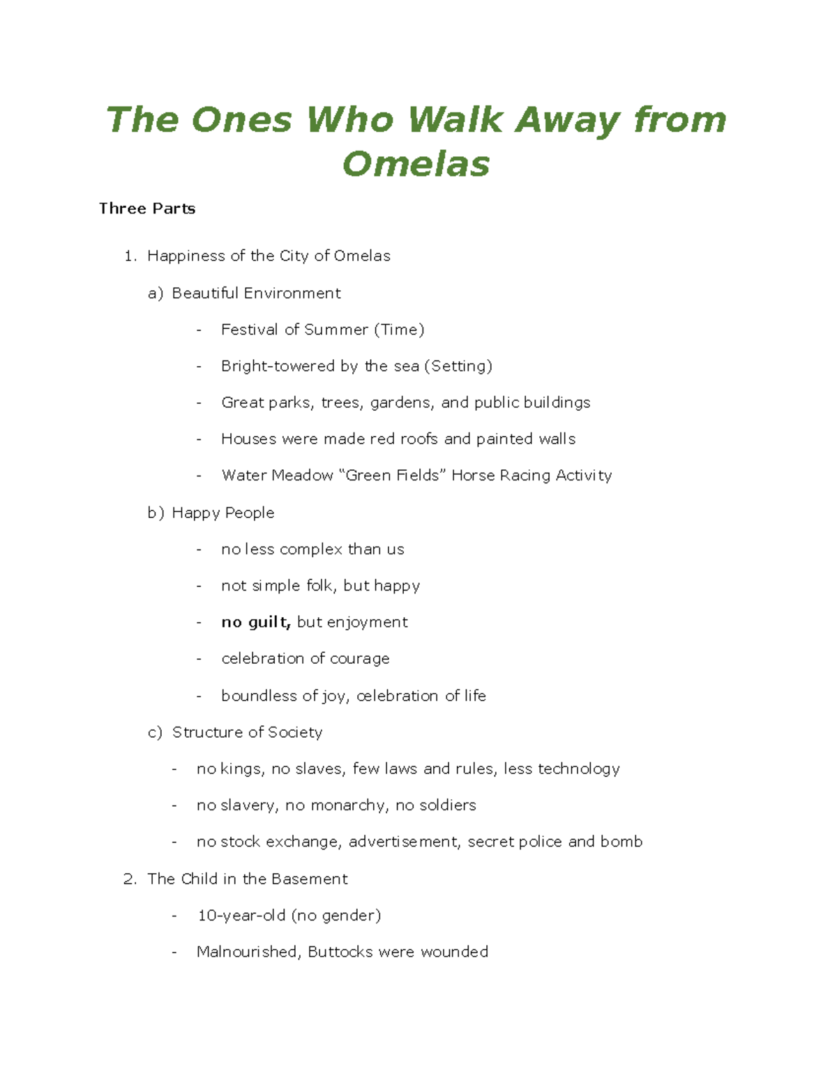 The Ones That Walk Away From Omelas Summary Omelas Lecture Notes - The Ones Who Walk Away from Omelas Three Parts