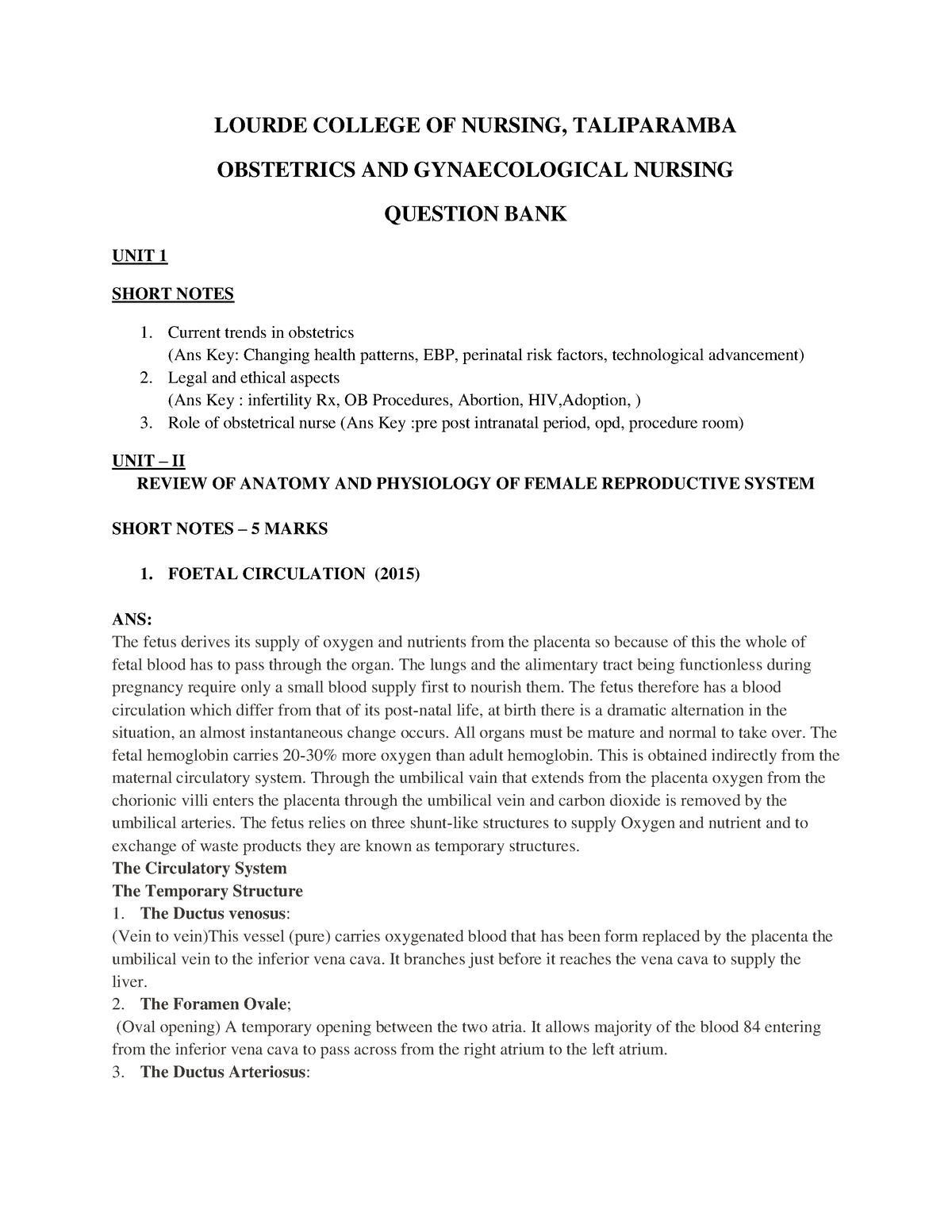 Obg answer key - LOURDE COLLEGE OF NURSING, TALIPARAMBA OBSTETRICS AND ...