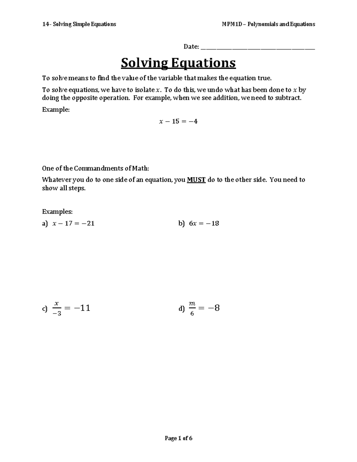 14 Solving Simple Equations Date