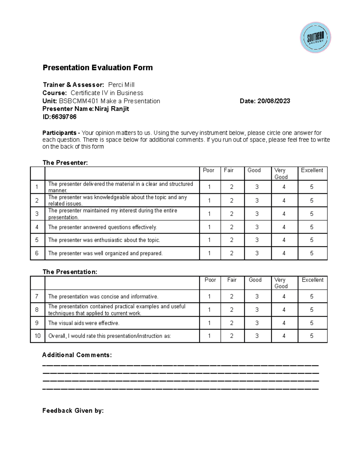 Bsbcmm 401 Niraj Presentation Evaluation - Presentation Evaluation Form ...