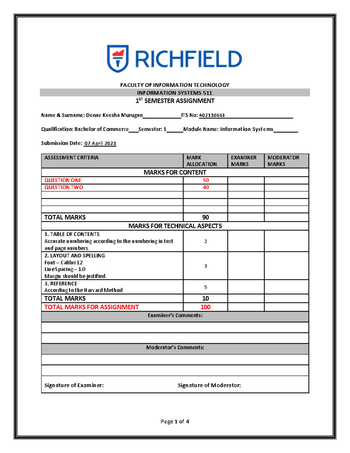 Information Systems 511 Assignment - FACULTY OF INFORMATION TECHNOLOGY ...