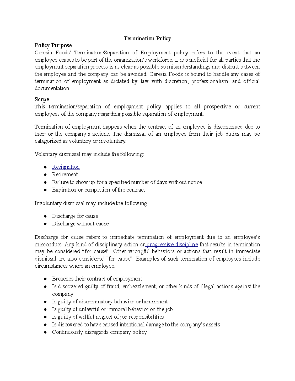 Termination Policy Hope you like it Termination Policy Policy Purpose Ceresia Foods’ Studocu