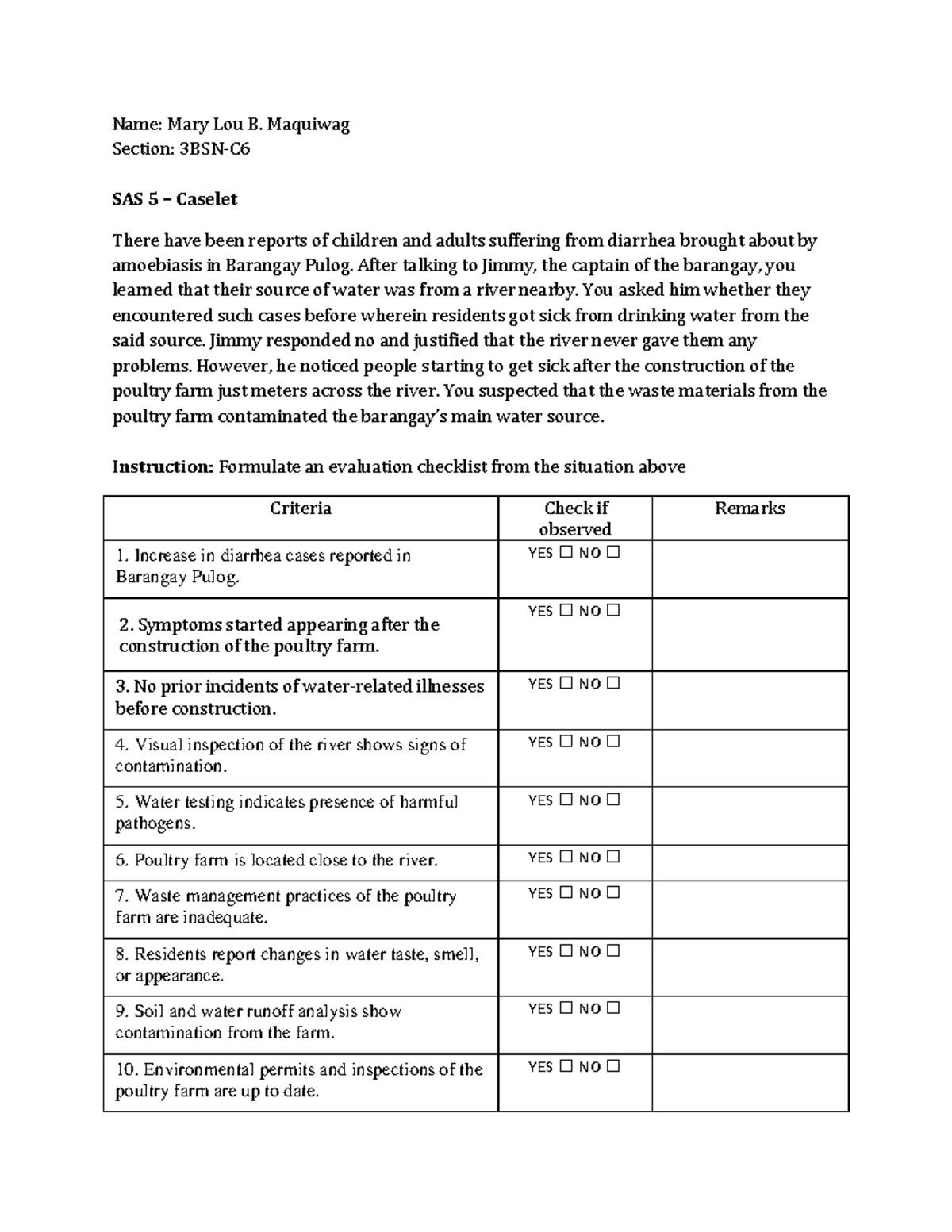 SAS 5 - Evaluation checklist - Name: Mary Lou B. Maquiwag Section: 3BSN ...