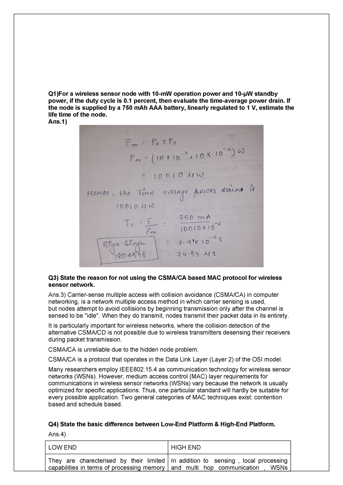 WSN Question Bank Q1 For a wireless sensor node with 10 mW