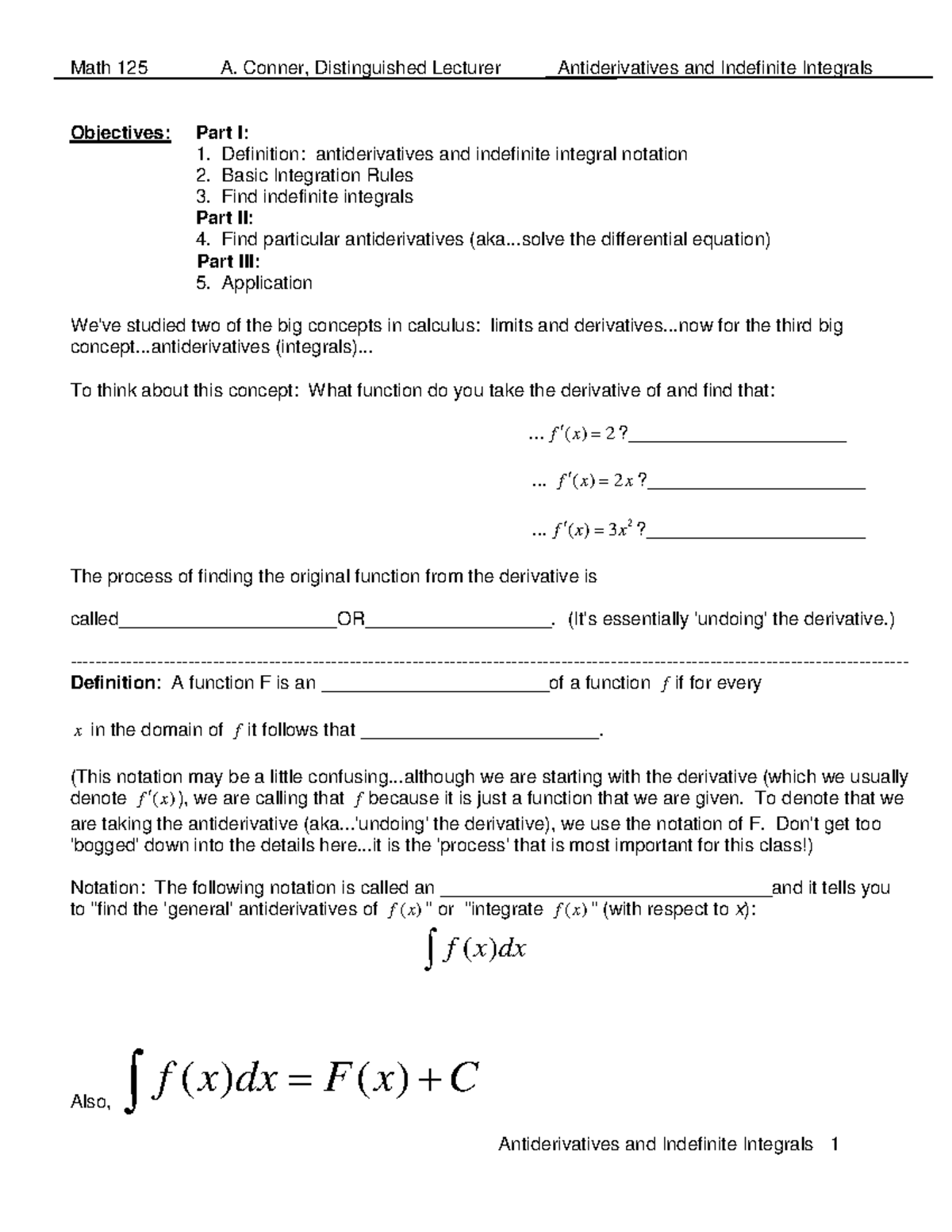 Unit 4 Blank Notes (Sections 11 - Math 125 A. Conner, Distinguished ...