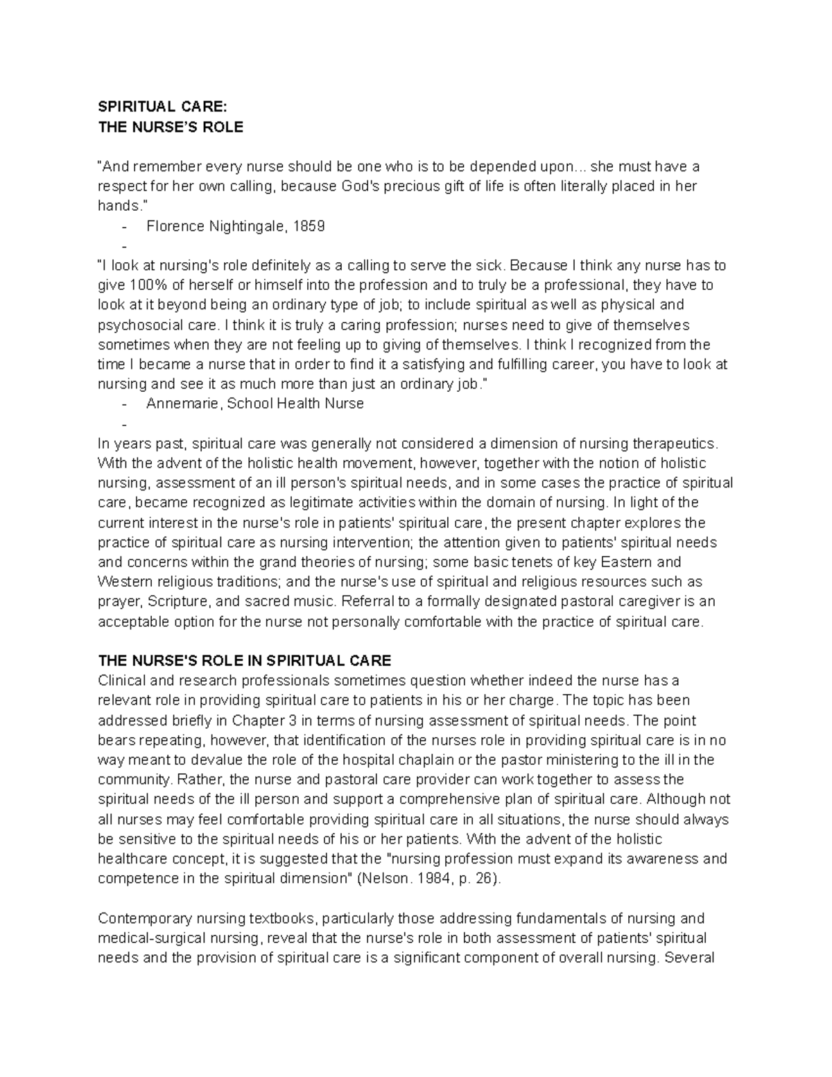Spiritual care The nurses Role - SPIRITUAL CARE: THE NURSE’S ROLE “And ...