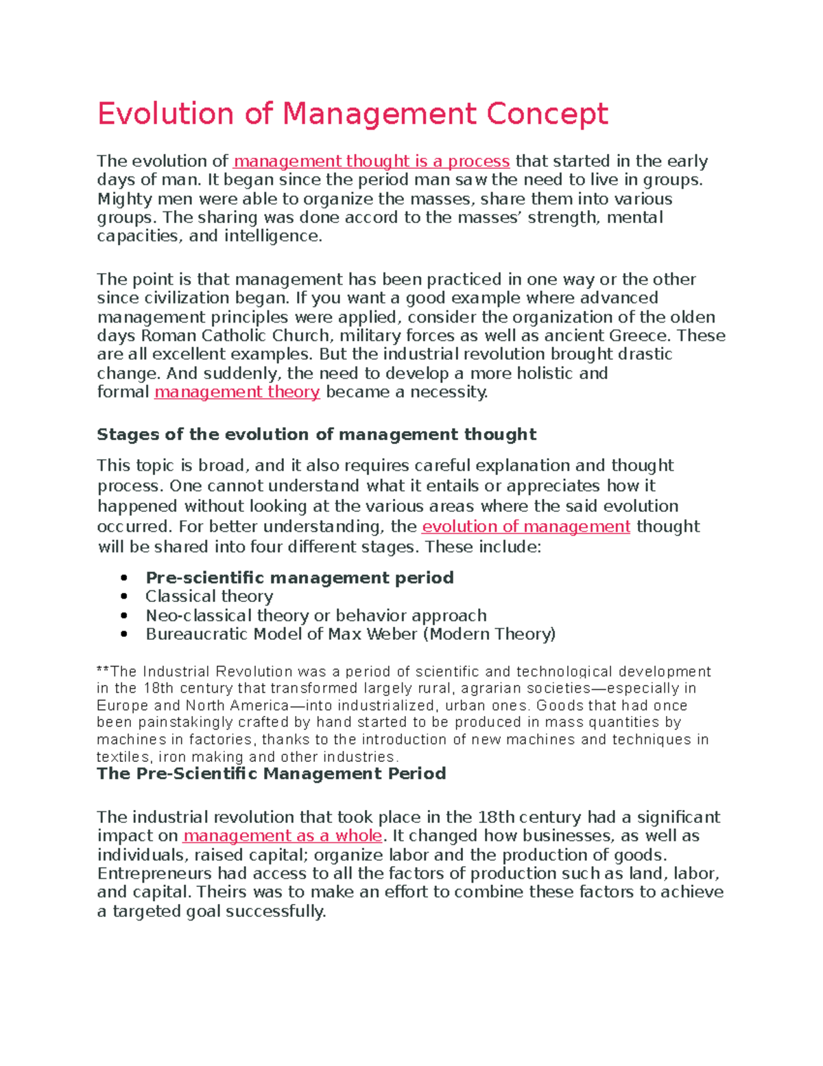 Evolution of Management Thought - It began since the period man saw the ...