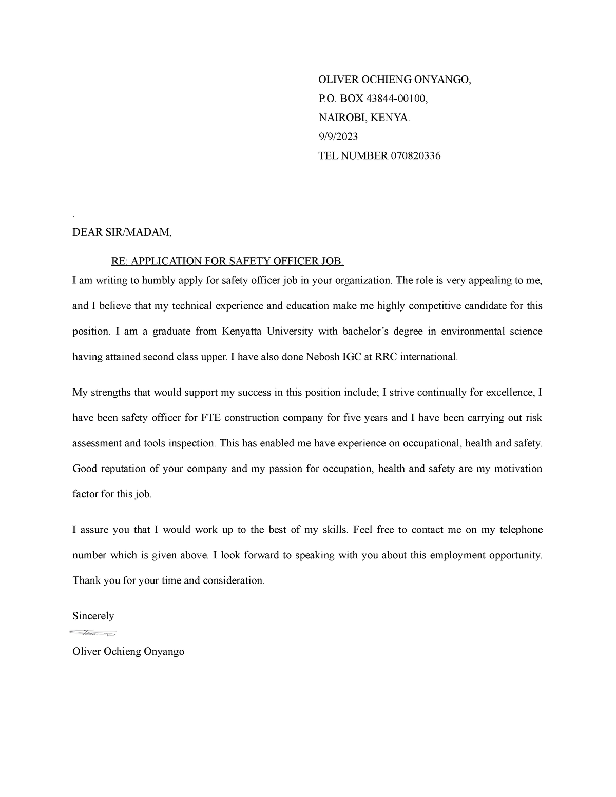 Safety Letter - OLIVER OCHIENG ONYANGO, P. BOX 43844-00100, NAIROBI ...