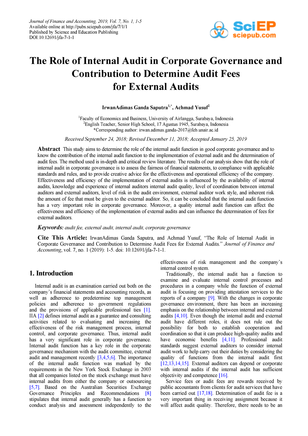 The Role Of Internal Audit In Corporate Governance Journal Of Finance And Accounting