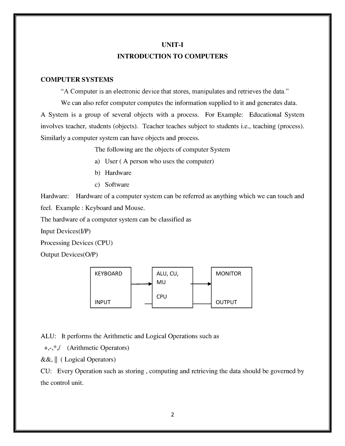 Unit One Computer Programming Lecture Notes - UNIT-I INTRODUCTION TO ...