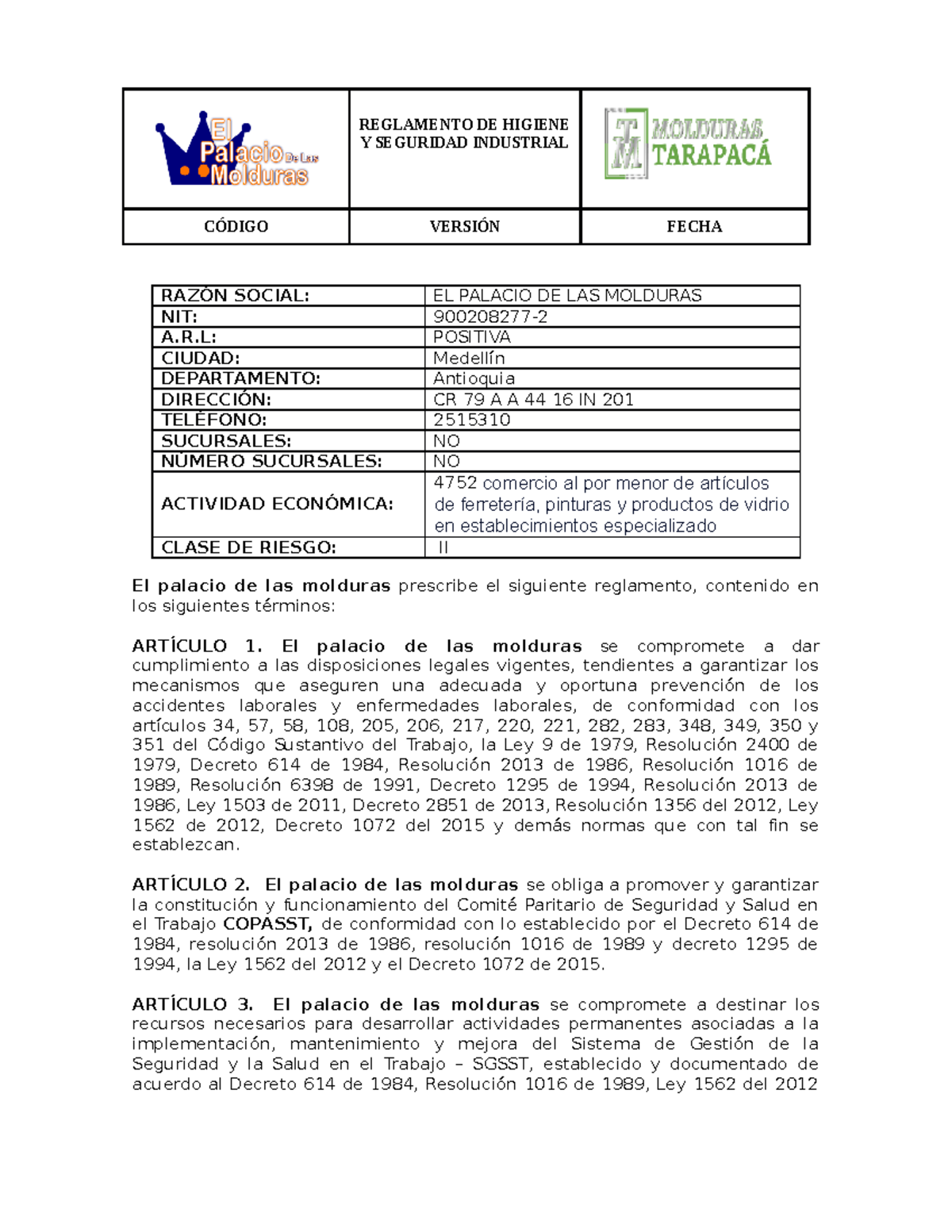 Reglamento Higiene Y Seguridad - Y SEGURIDAD INDUSTRIAL CÓDIGO VERSIÓN ...