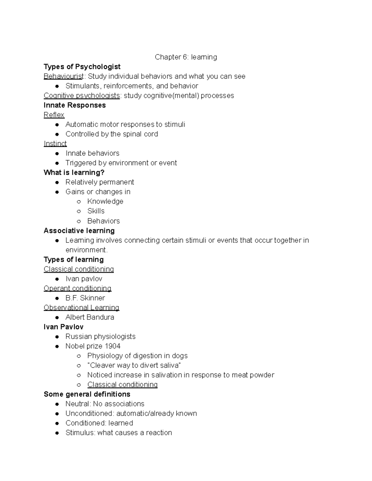 Psych Notes Exam 2 - Chapter 6: Learning Types Of Psychologist ...