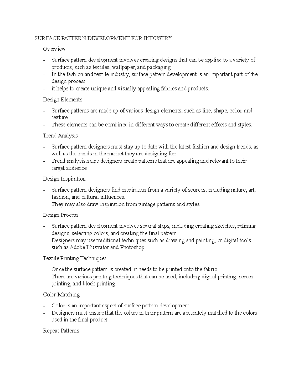 Surface Pattern Development FOR Industry Notes 1 - SURFACE PATTERN ...