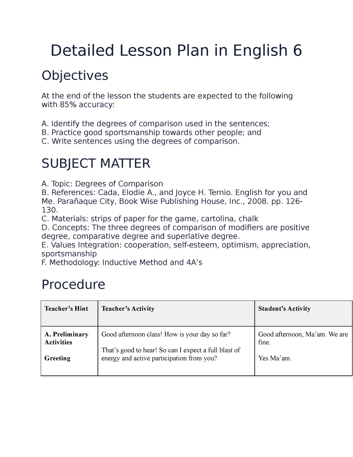 Detailed Lesson Plan in English 6 - Identify the degrees of comparison ...