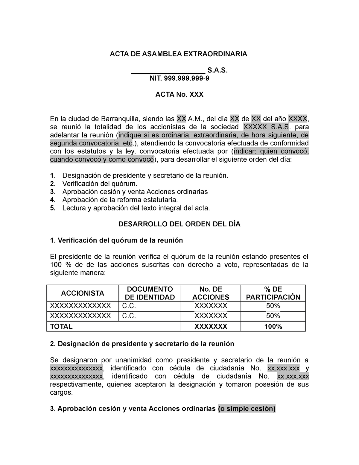 Modelo De Acta Cesion O Venta De Acciones Sas Acta De Asamblea