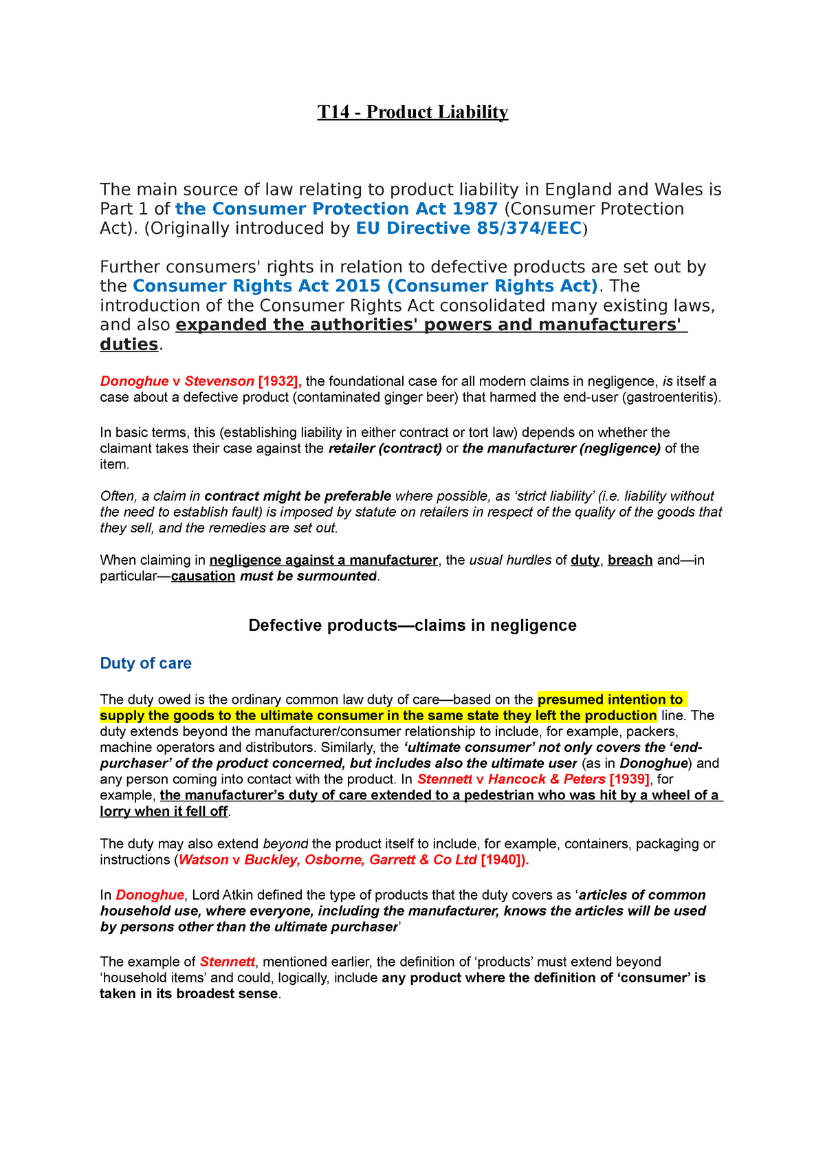 t14-product-liablity-lecture-notes-14-t14-product-liability-the-main-source-of-law