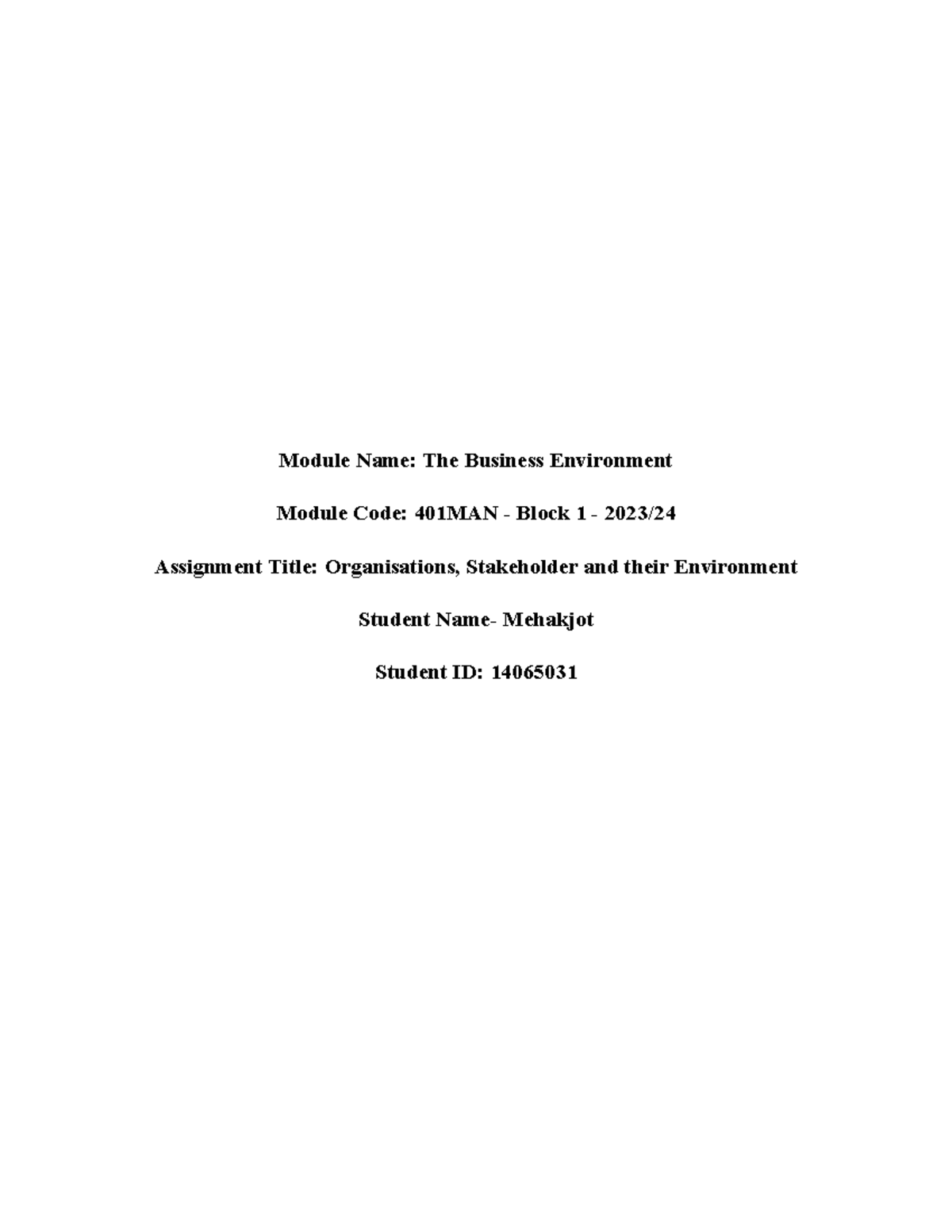 Mehak 401 CW1 - mvgh - Module Name: The Business Environment Module ...