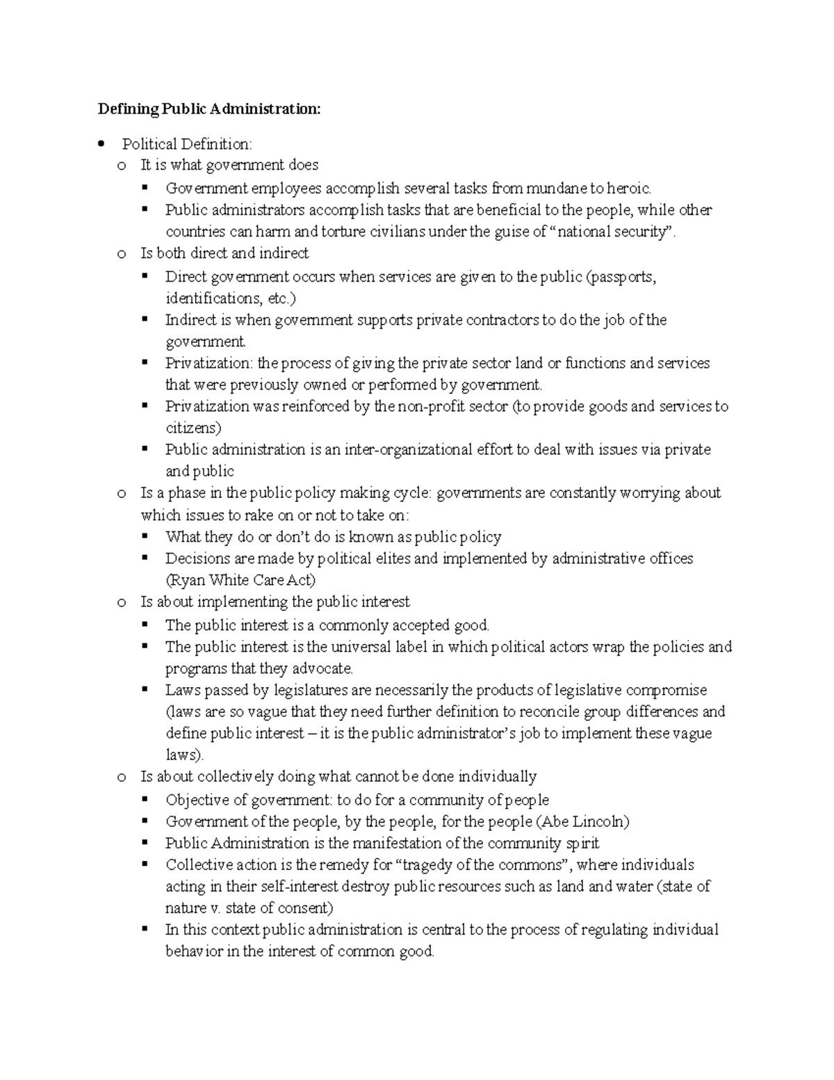 Intro to Public Administration - Defining Public Administration:   Political Definition: o It is - Studocu