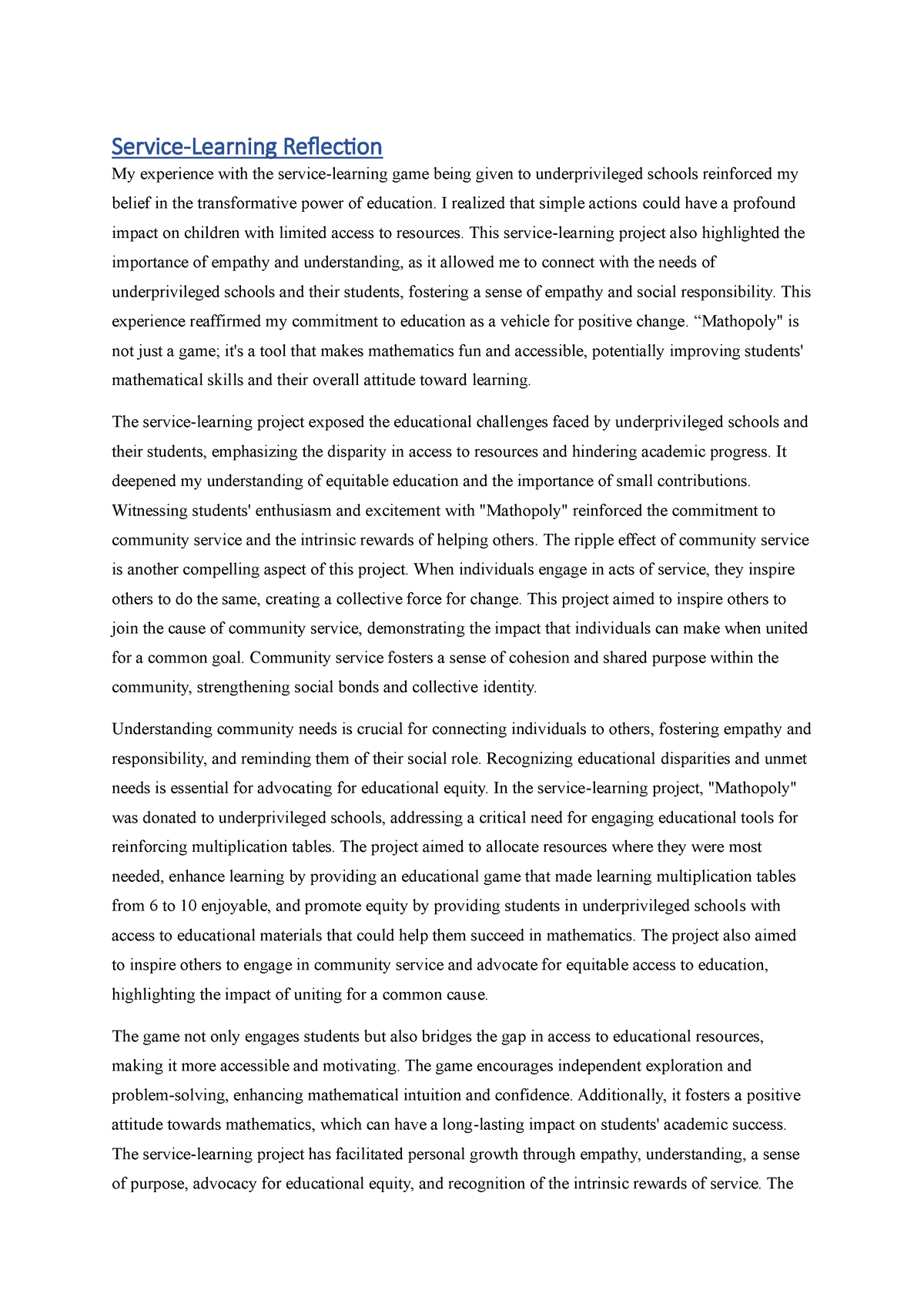 service learning experience essay