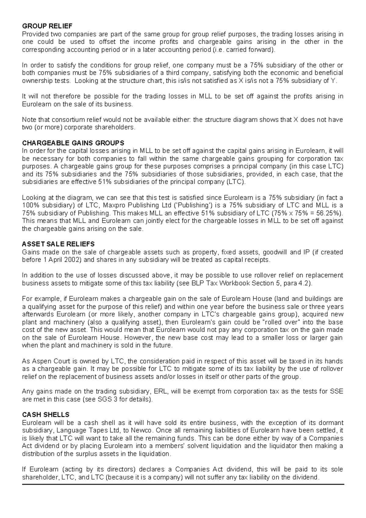 Group Companies Tax Liability - GROUP RELIEF Provided two companies are ...