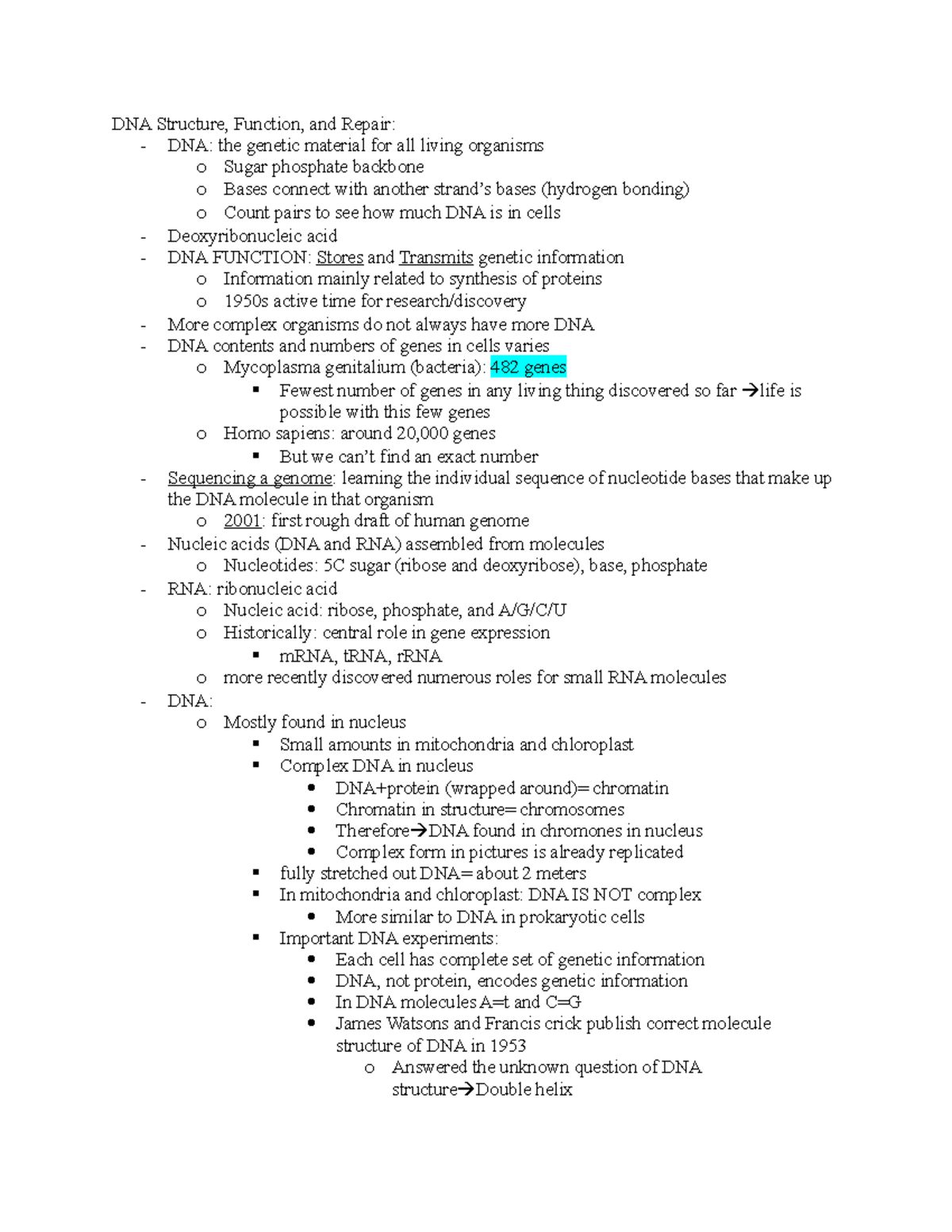 Test 2 Notes - DNA Structure, Function, and Repair: - DNA: the genetic ...
