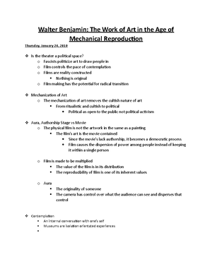 Notes on Walter Benjamin's The Work of Art in the Age of Mechanical  Reproduction for my ARTS1 students, by Yari Kagami