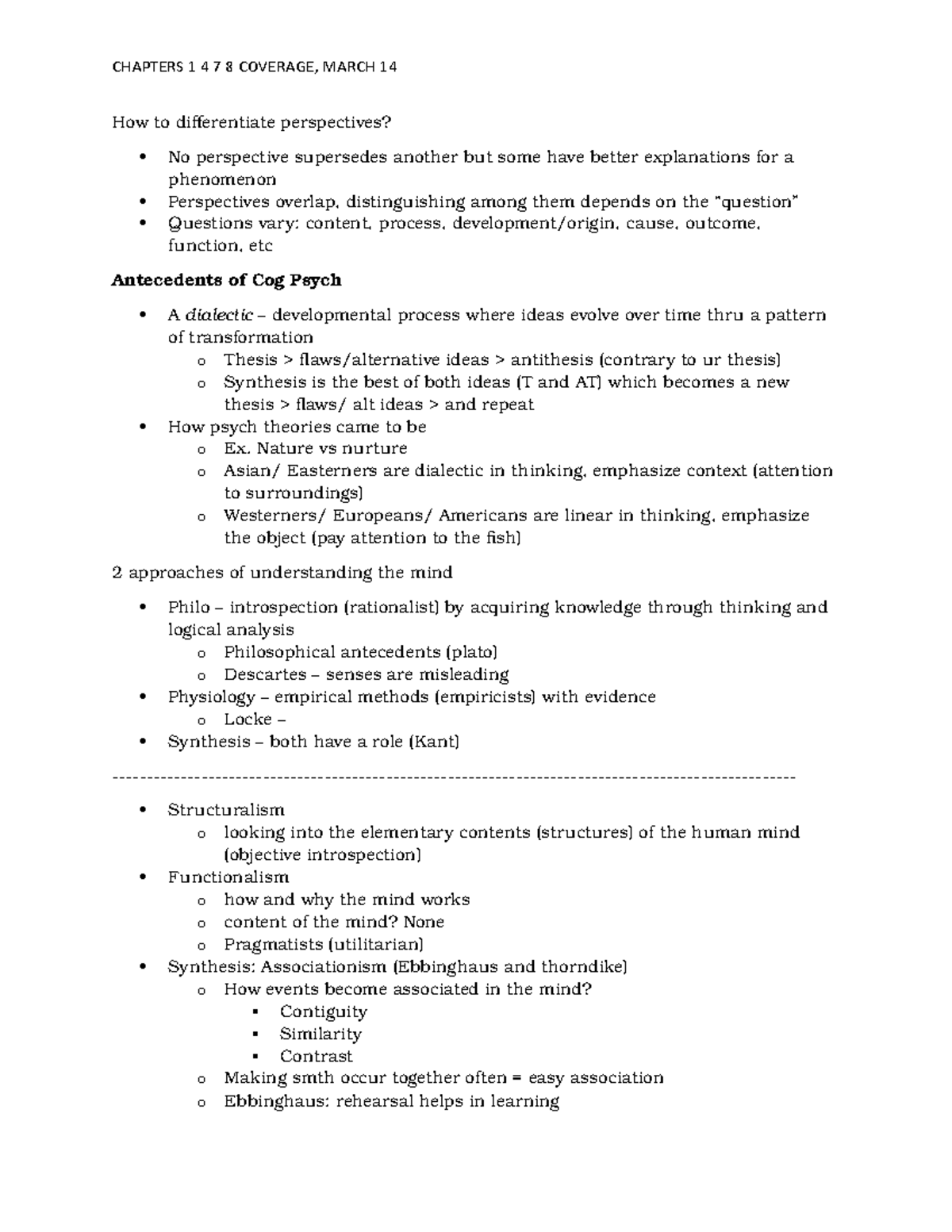 Cognitive Psychology Notes - CHAPTERS 1 4 7 8 COVERAGE, MARCH 14 How to ...