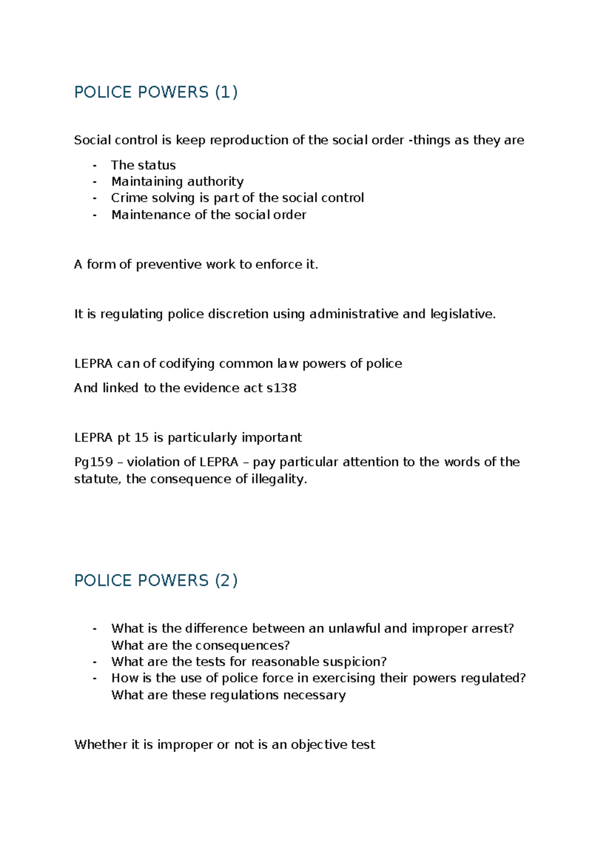 Police Powers - POLICE POWERS (1) Social control is keep reproduction ...