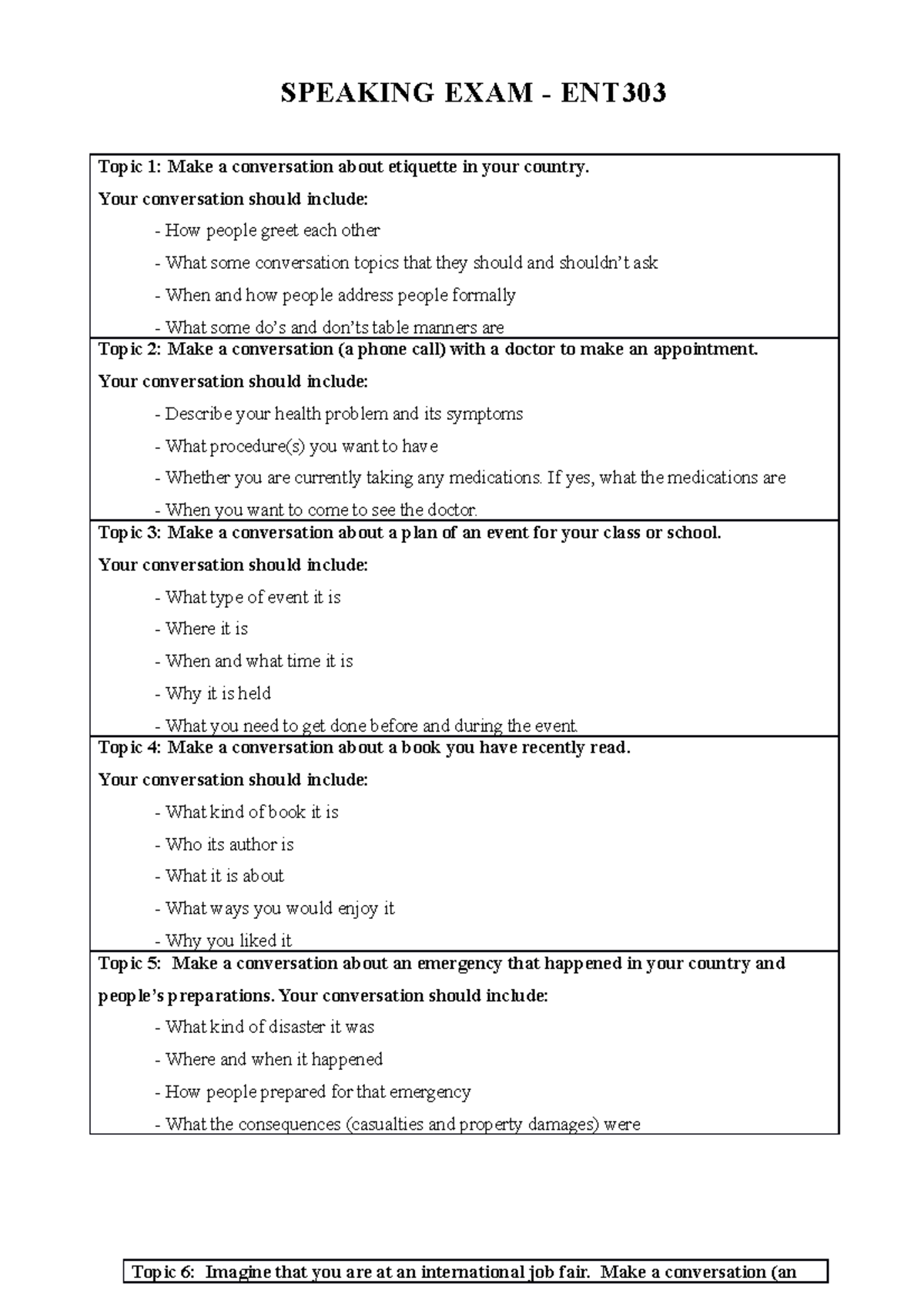 ENT303 FE Speaking Students - SPEAKING EXAM - ENT Topic 1: Make a ...