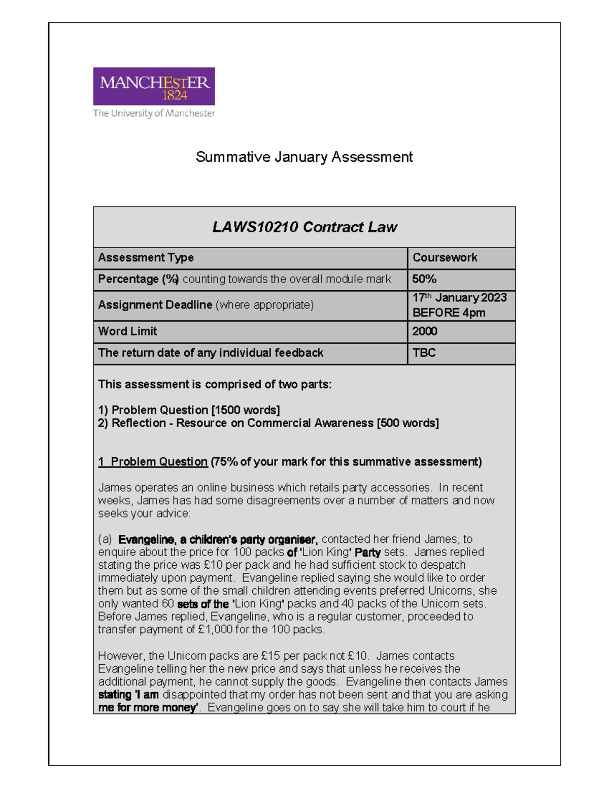 LAWS10210 Contract Law Summative Assessment January 2023 - Summative ...