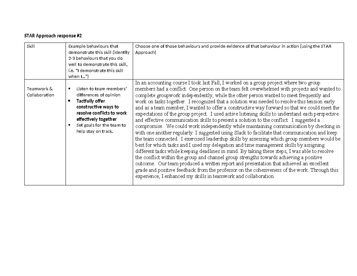 STAR Approach response #2 - STAR Approach response Skill Example ...
