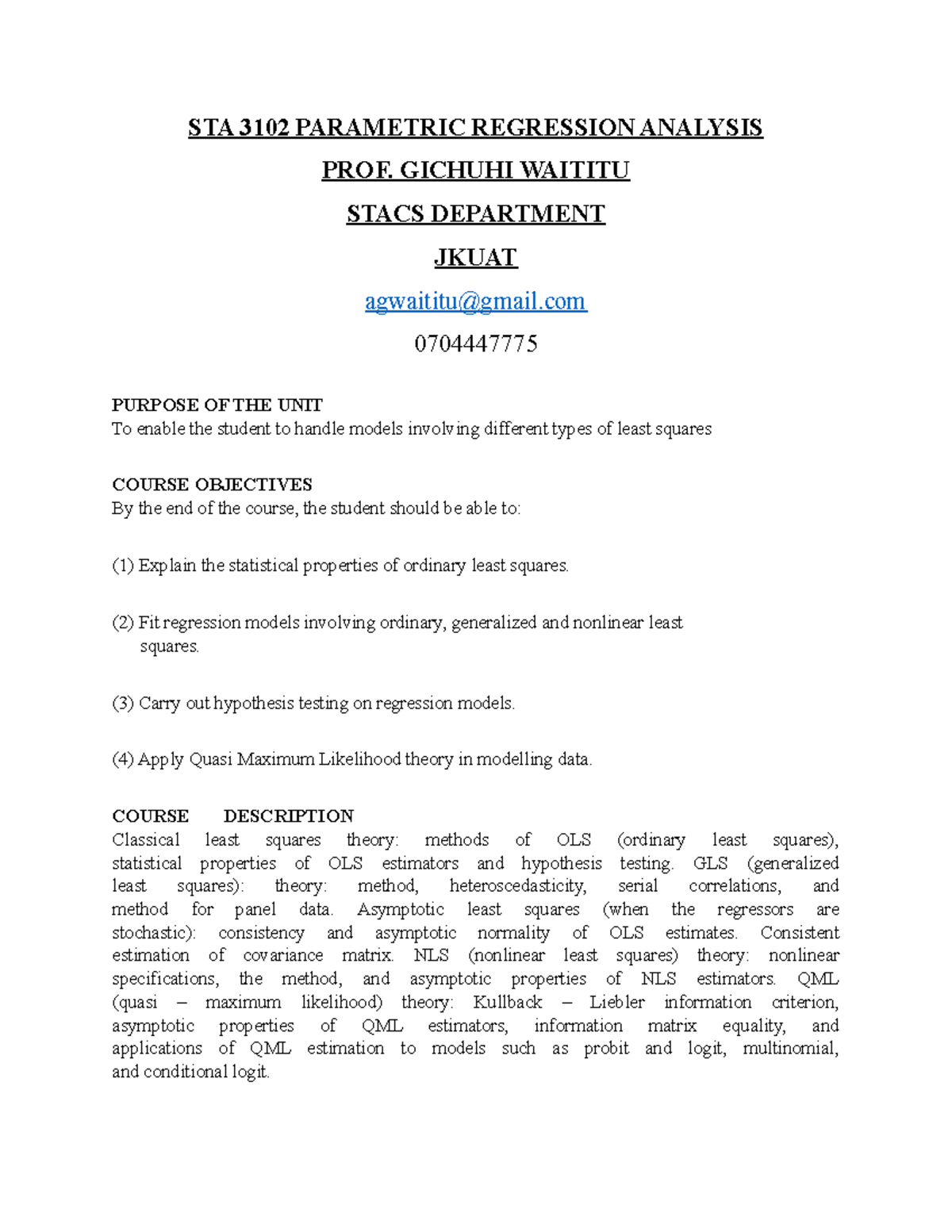 STA 3102 Parametric Regression Analysis Course Outline - STA 3102 ...