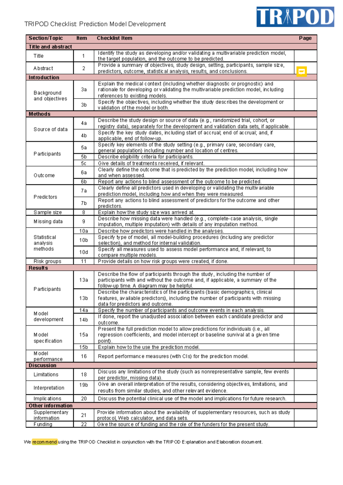 Tripod Checlist Prediction Model Development TRIPOD Checklist Prediction Model Development