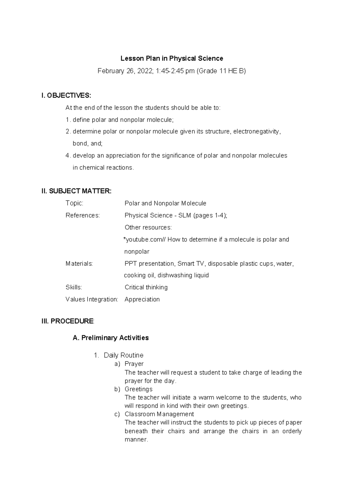 Lesson 2 - Polarity Of Molecules - Lesson Plan In Physical Science ...