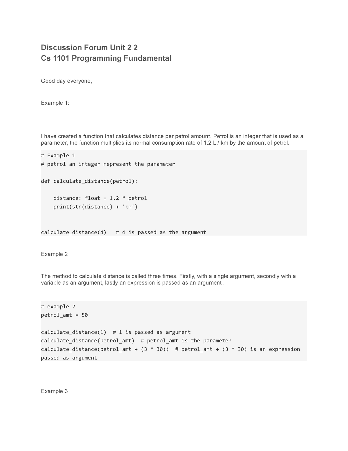 Discussion Forum Unit 2 2 CS 1101 Programming Fundamentals - Discussion ...