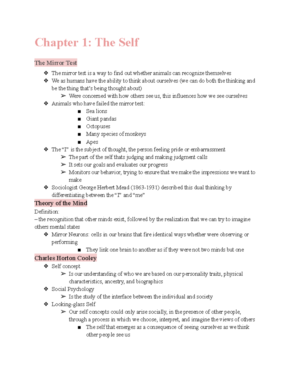 Sociology Ch 1 Notes Chapter 1 The Self The Mirror Test The mirror
