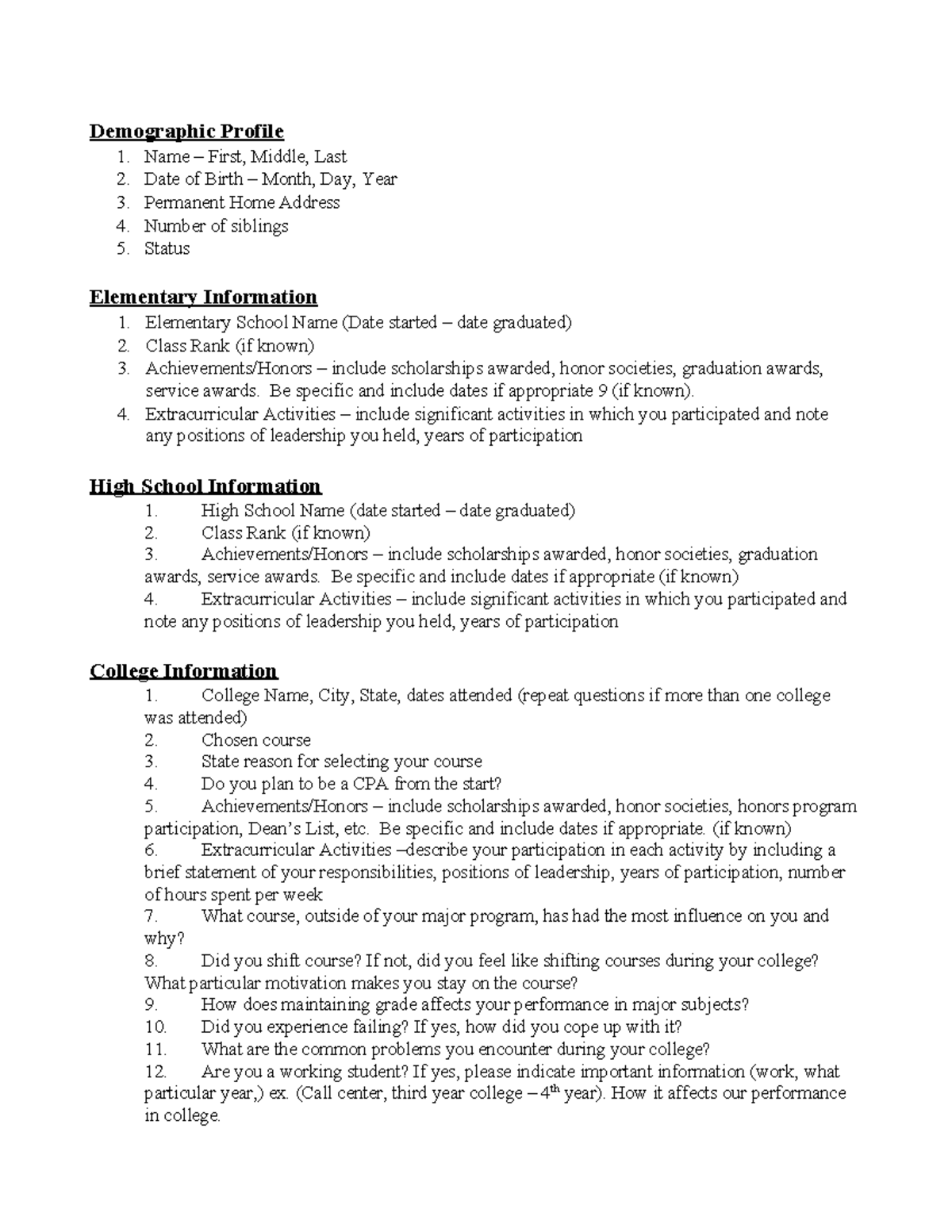 Biographical Questionnaire Demographic Profile 1. Name First