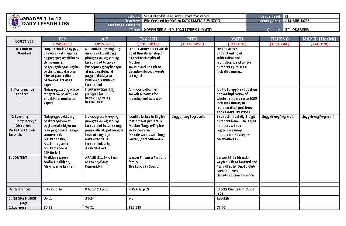 Dll All Subjects 2 Q2 W1 D5 Grades 1 To 12 Daily Lesson Log School Visit Depedresources For 8489