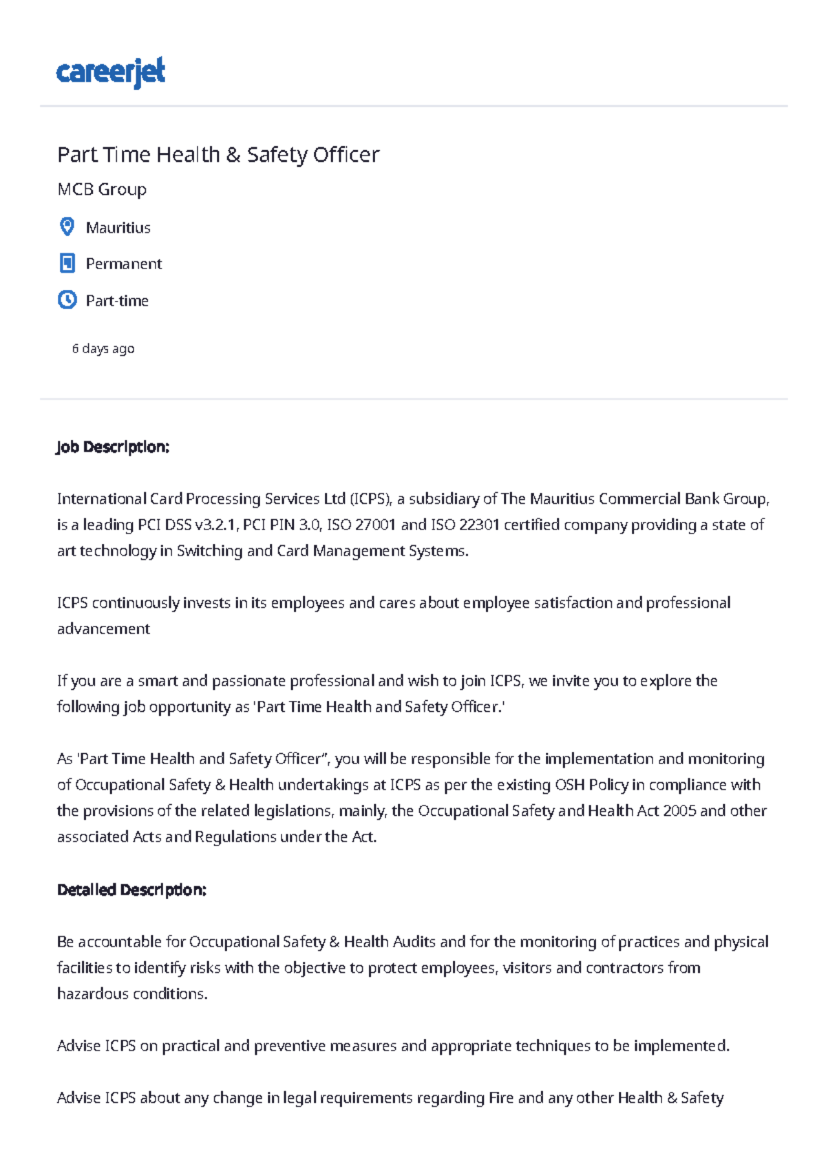 Part Time Health & Safety Officer in Mauritius with MCB Group Careerjet