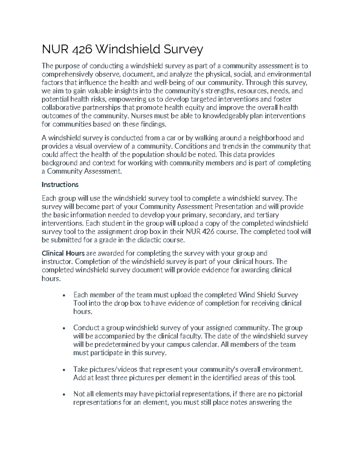 NUR 426 Windshield Survey Purpose1 NUR 426 Windshield Survey The