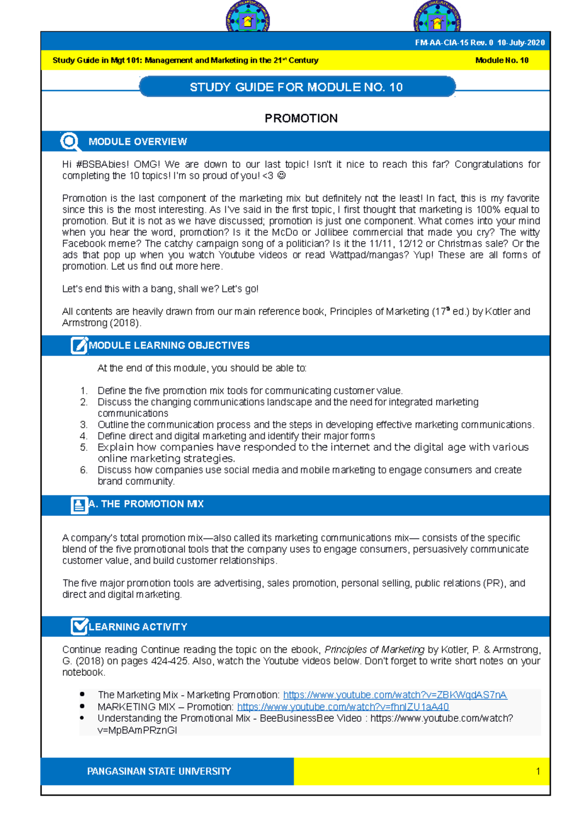 Mgt 101 SG-10-study guide number 10 - PROMOTION MODULE OVERVIEW Hi # ...