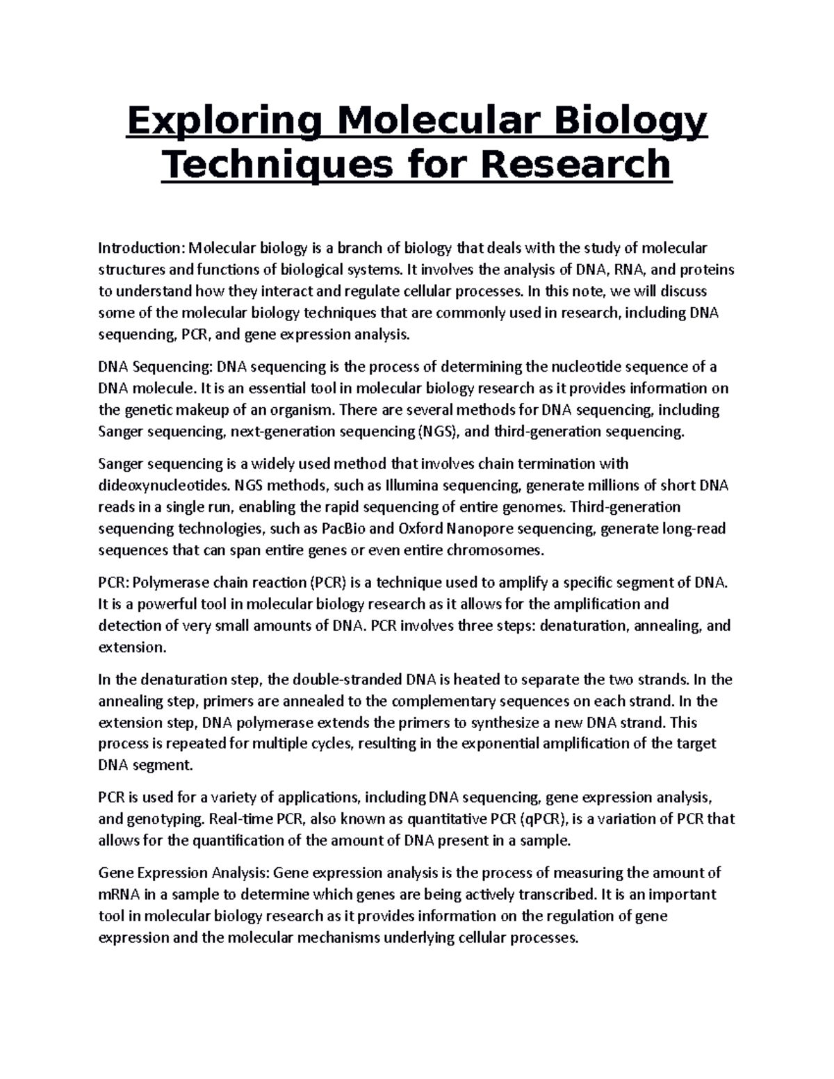 BIOL350039 Molecular biology techniques Exploring Molecular