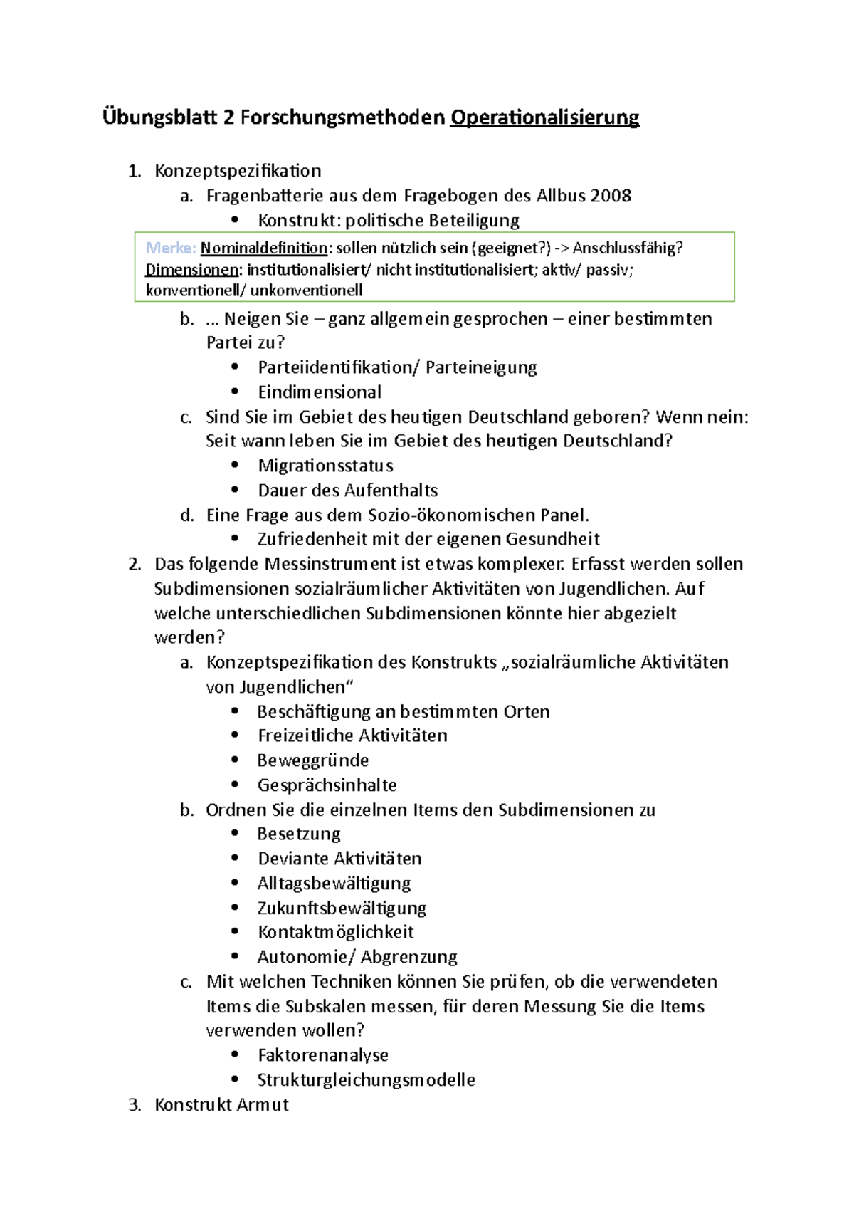 Übungsblatt 2 Operationalisierung - Übungsblatt 2 Forschungsmethoden ...