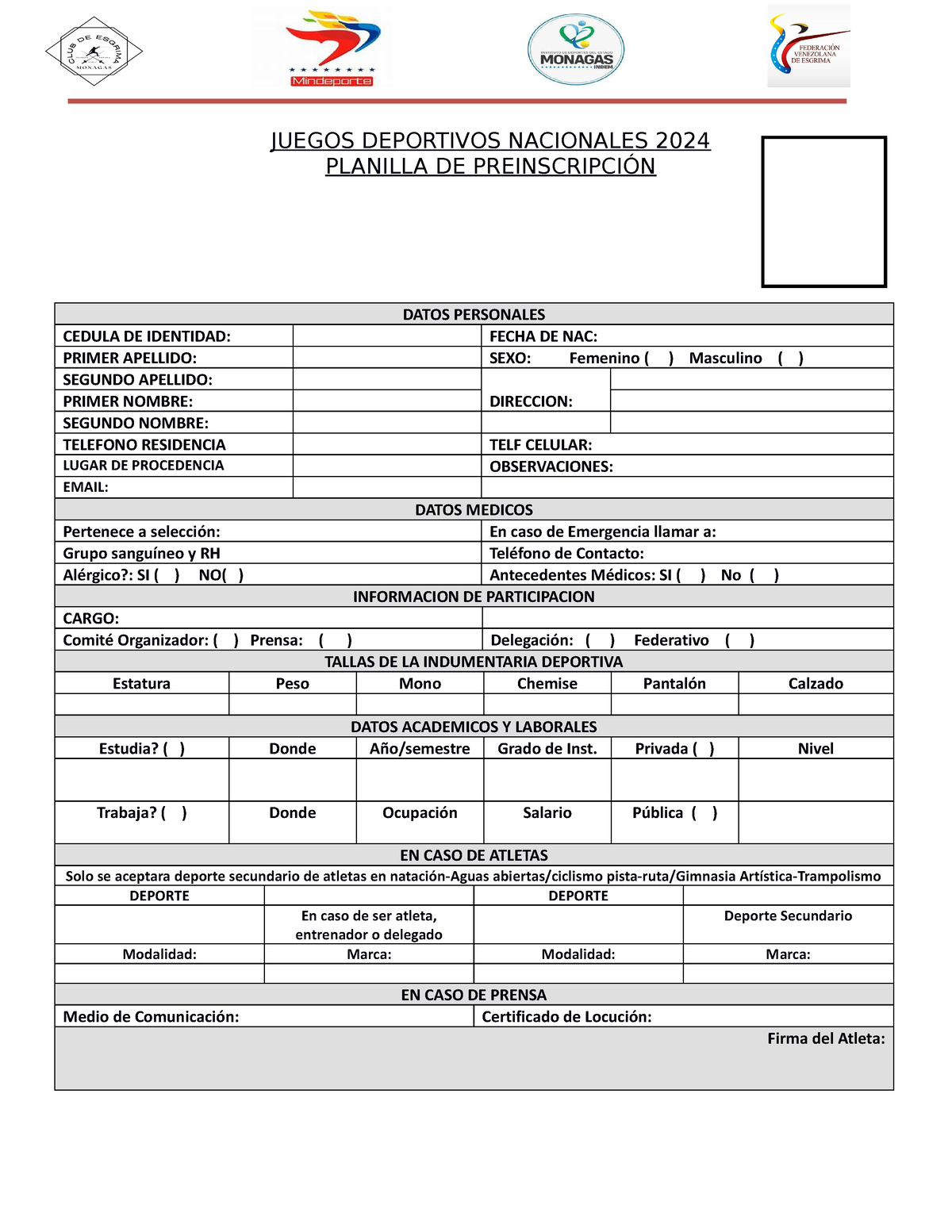 Planilla DE Preinscripcion Provicional XX Juegos Deportivos 2024