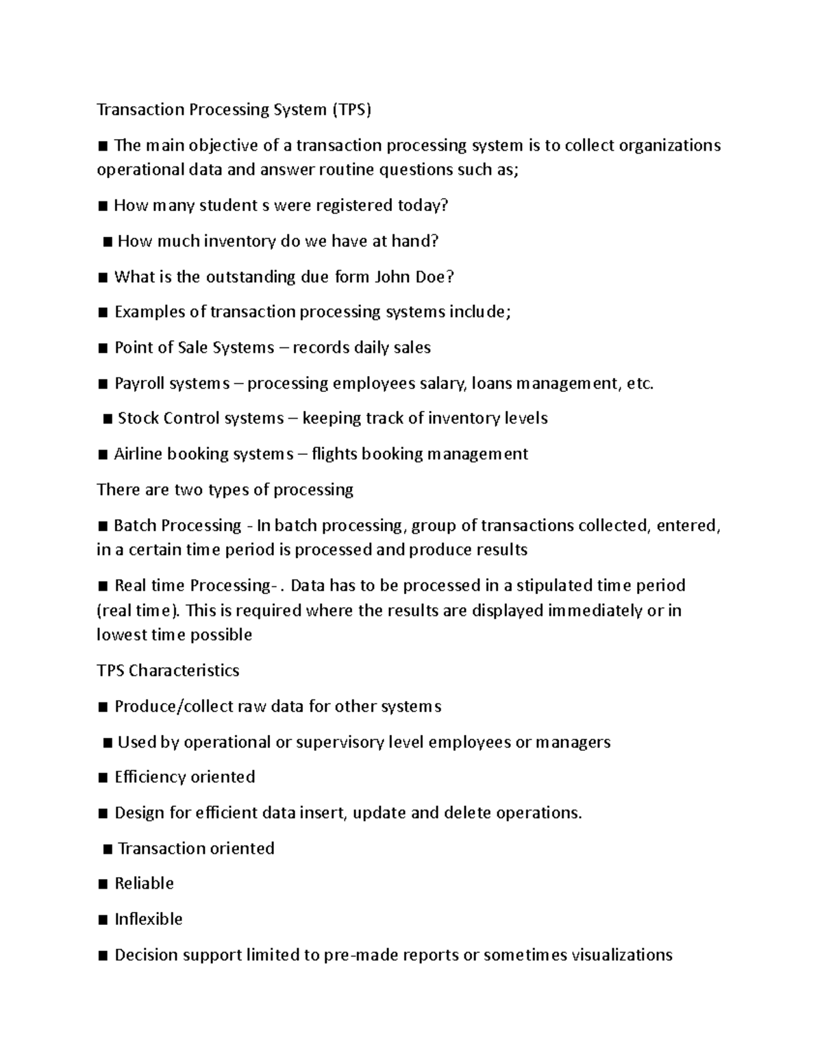 10business management note - Transac琀椀on Processing System (TPS) The ...