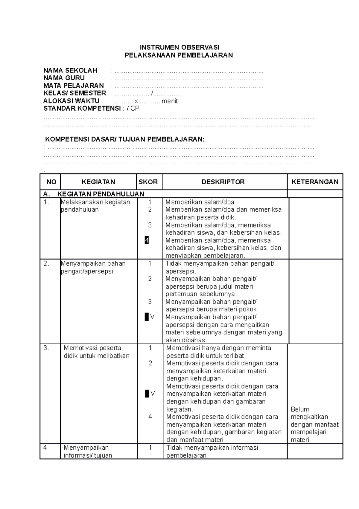 Instrumen Pengmatan Pelaksanaan Pembelajaran - INSTRUMEN OBSERVASI ...